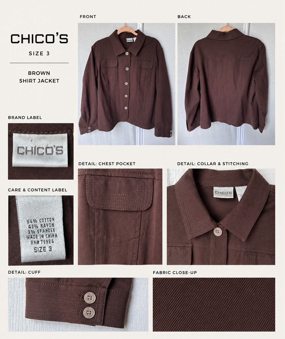 CHICO'S TWILL JACKET BROWN POCKETS Size XL 3
